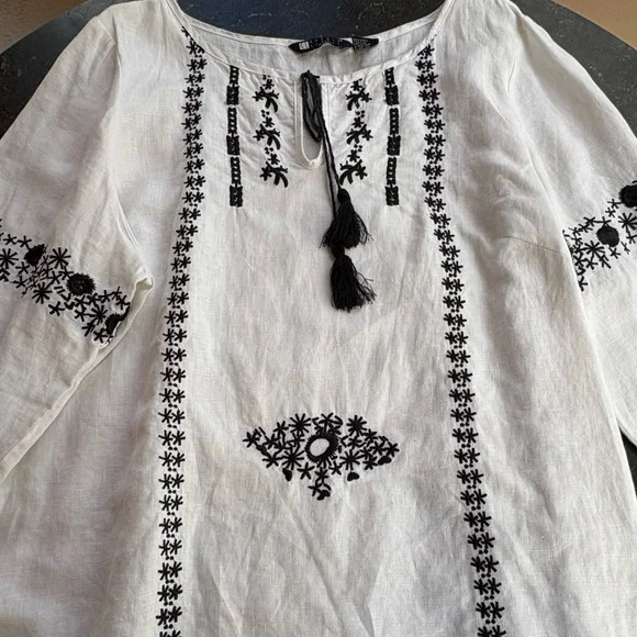 Boho White Linen Peasant Top with Black Intricate Embroidery - Picture 4 of 16